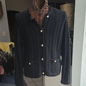 Tahari Black Cardigan Sweater with Gold Buttons